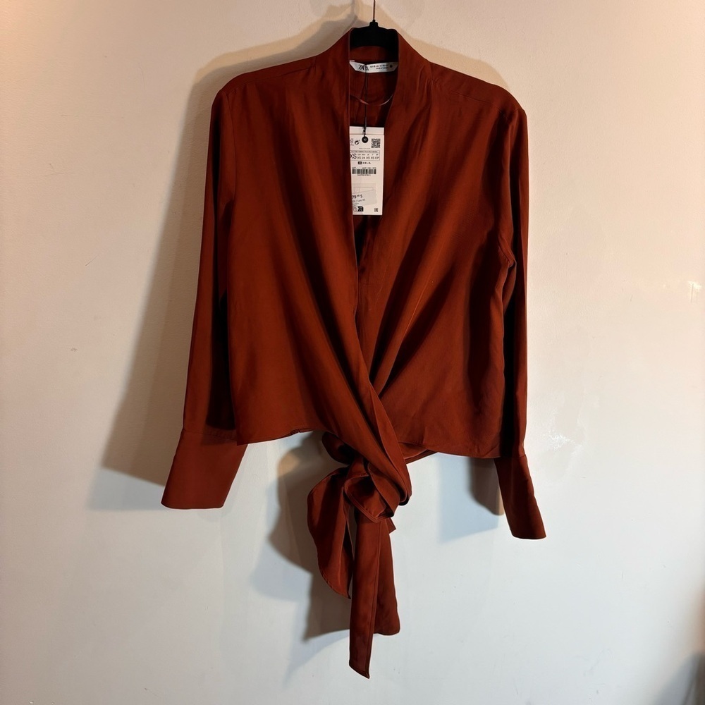 ZARA Sz XS Blouse Oversized Multi Position Ties Flowy Long Sleeve NEW WITH TAGS